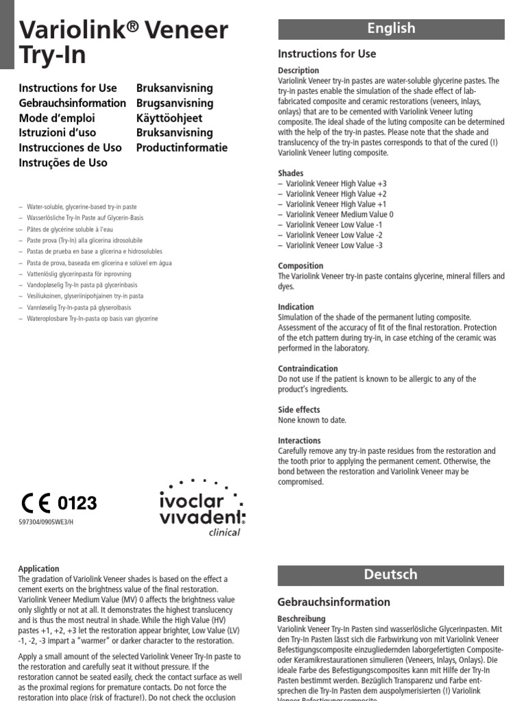 Variolink Veneer TryIn Instructions for Use Materials Nature