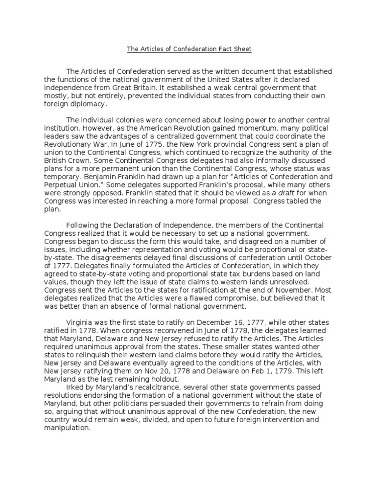 Overview of the Articles of Confederation | PDF | Continental Congress ...