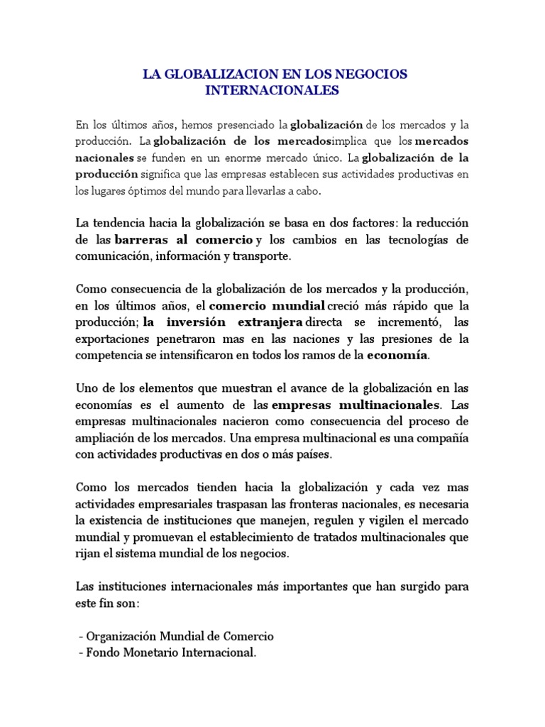 La Globalizacion en Los Negocios Internacionales. Enfoques | PDF ...