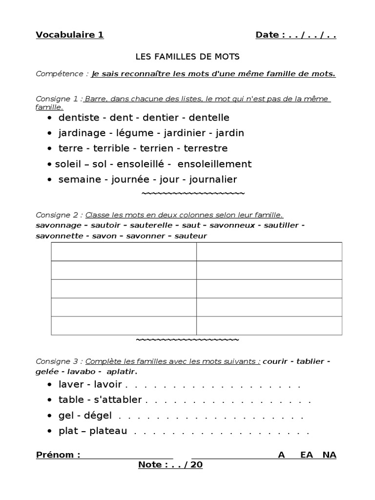 Les Familles De Mots Ce1 Exercices Pdf 1 Les Mots de La Meme Famille | PDF