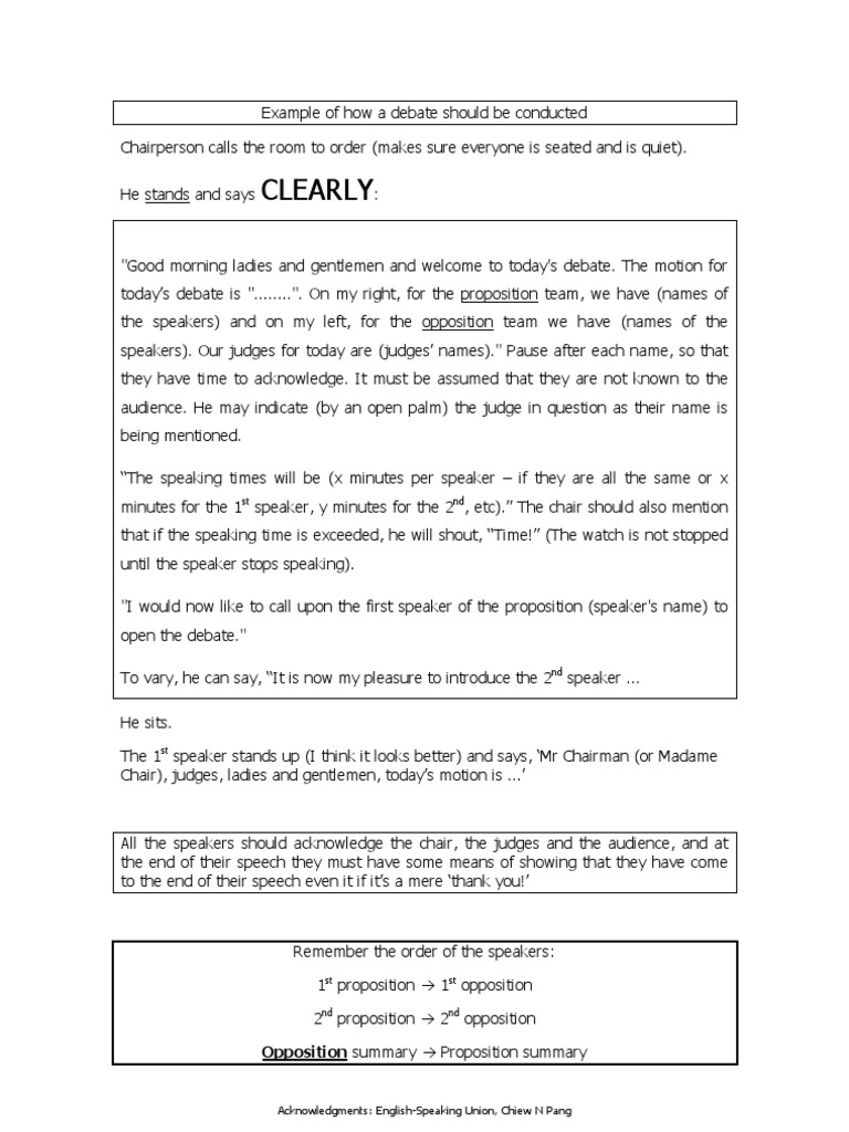 Debate Example Of How A Debate Should Be Conducted Chairman Proposition