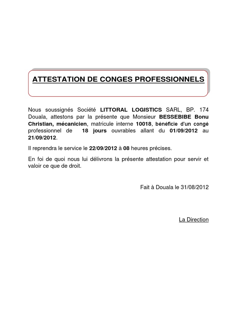 Attestation de Conges Professionnel1 Bessebibe PDF