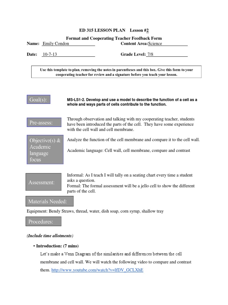 lessonplan2 Cell (Biology) Lesson Plan Free 30day Trial Scribd