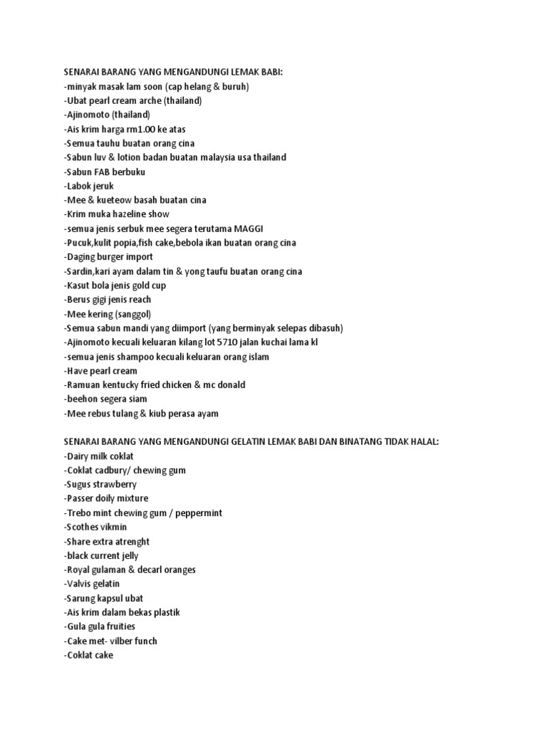 Senarai Barang Yang Mengandungi Lemak Babi Pdf