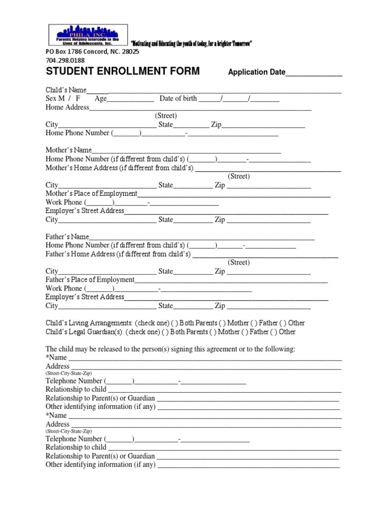 Student Enrollment Form PDF Parent Relationships