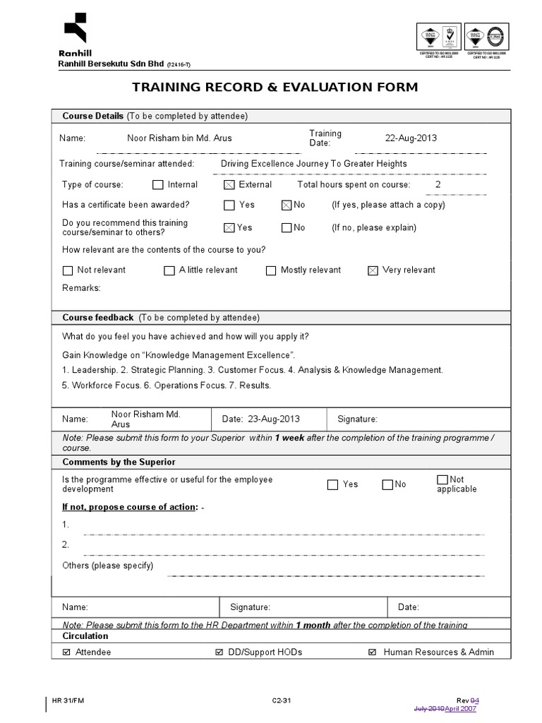 Training Record & Evaluation Form: Course Details (To Be Completed by ...