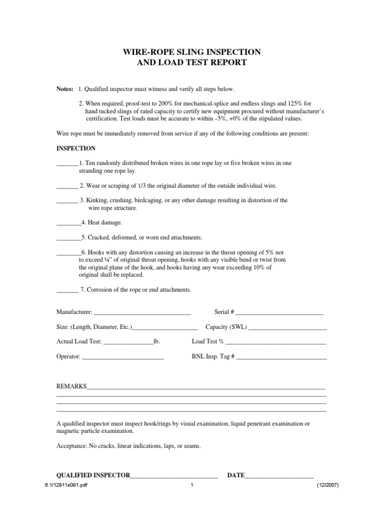 Wire Rope Sling Inspection and Load Test Report (Sample) PDF