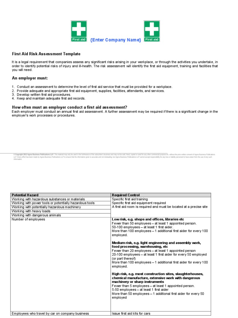 First Aid Risk Assessment Template | First Aid | Limited Liability