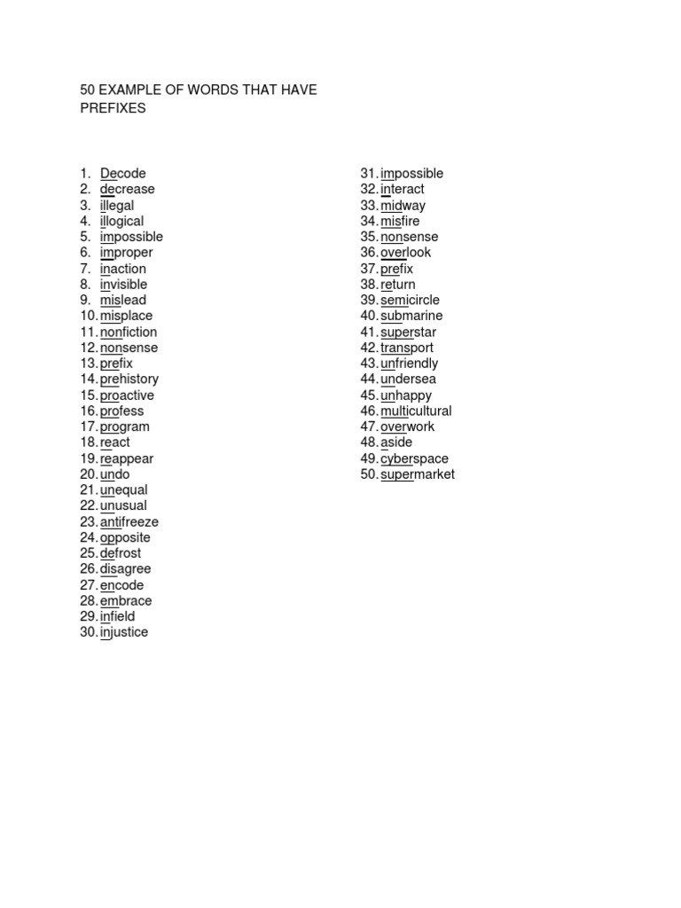 50 Example of Words That Have Prefixes | PDF