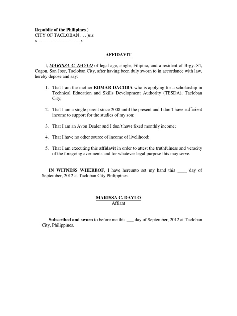 Affidavit of Tax Exemption (Single Parent) | PDF | Affidavit 