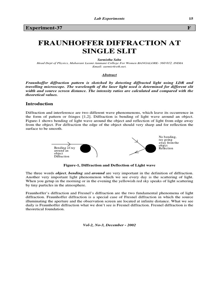 Single Slit Fraunhofer Diffraction Experiment | PDF | Diffraction ...
