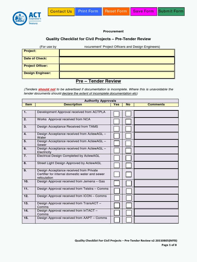 Civil Projects Pre-Tender Quality Checklist | PDF | Water Supply ...