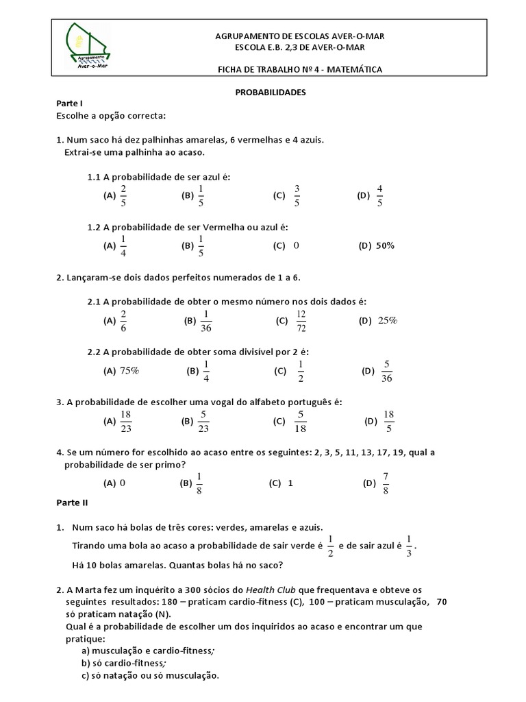 Fichatrab 4-Probabilidades 9º Ano | PDF | Probabilidade | Dados