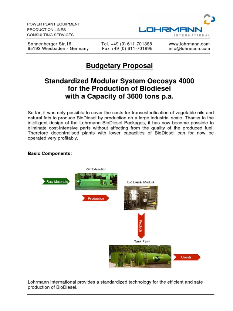 Biodiesel Production System Proposal | PDF | Biodiesel | Power Station