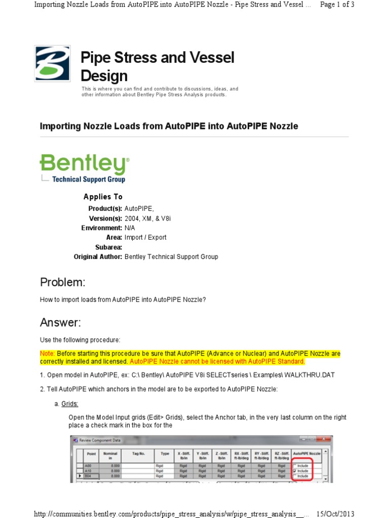 Importing Nozzle Loads From Autopipe Into Autopipe Nozzle PDF Areas