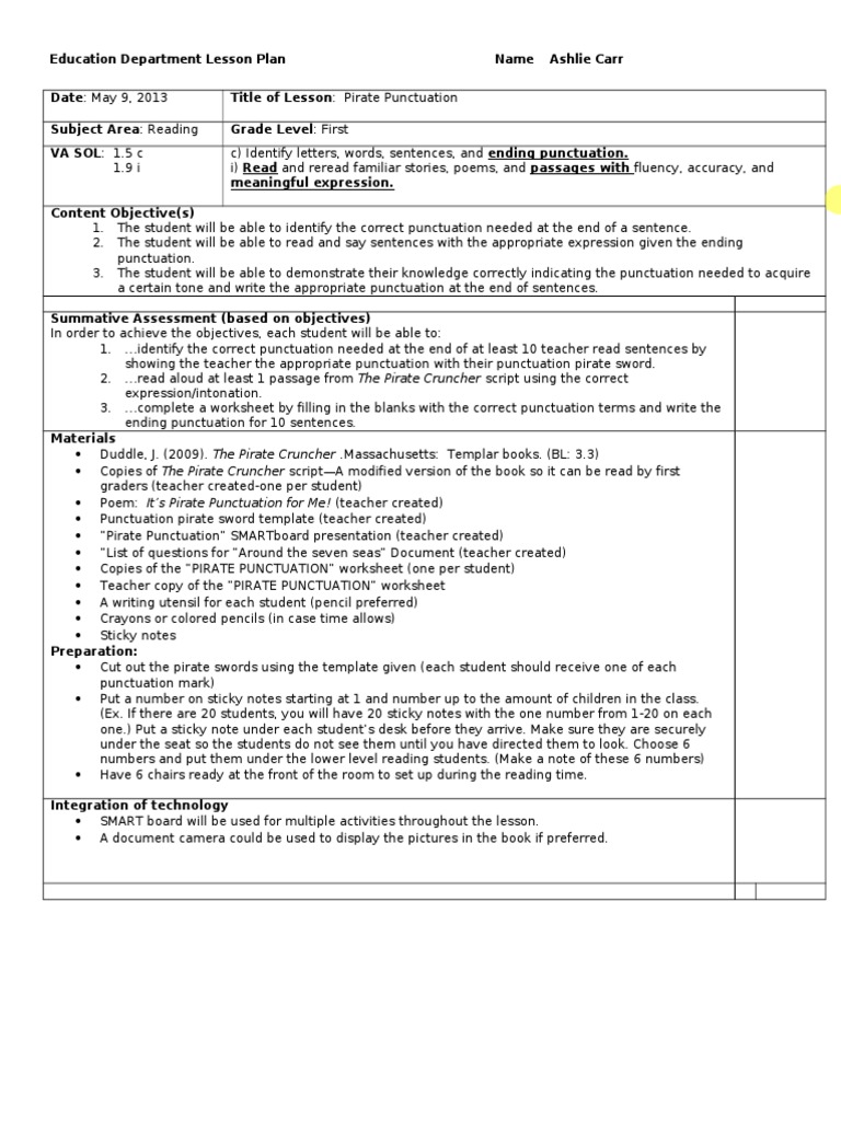 Pirate Punctuation Lesson Plan | PDF | Punctuation | Sentence (Linguistics)