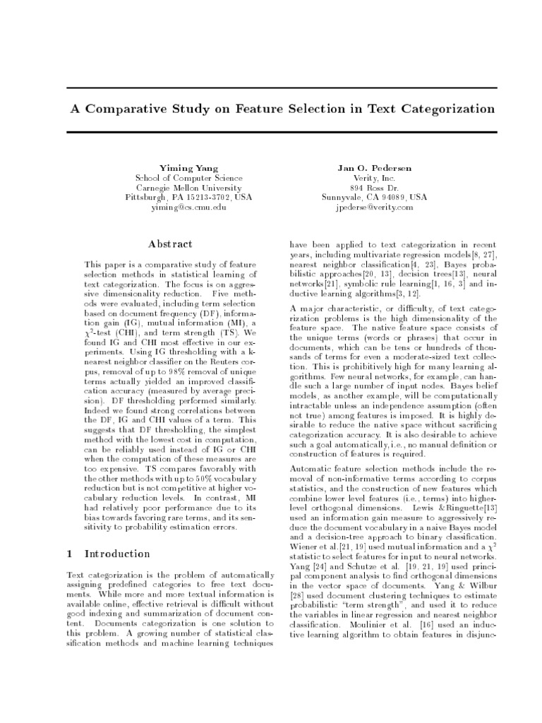 Comparative Study On Feature Selection in Text Categorization | PDF