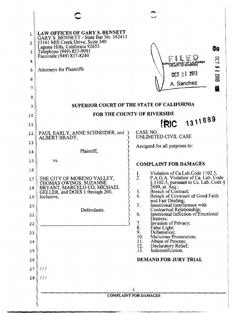 ExEmployees' Lawsuit Against Moreno Valley PDF Complaint Lawsuit