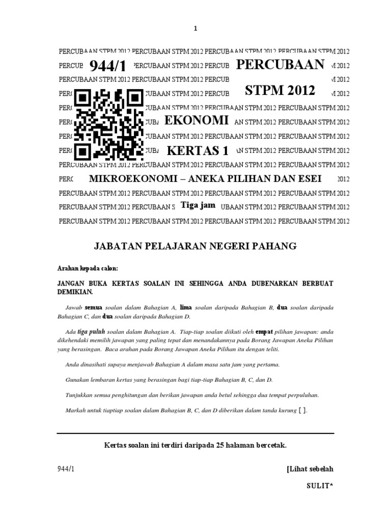 Percubaan STPM 2012: Ekonomi Kertas 1