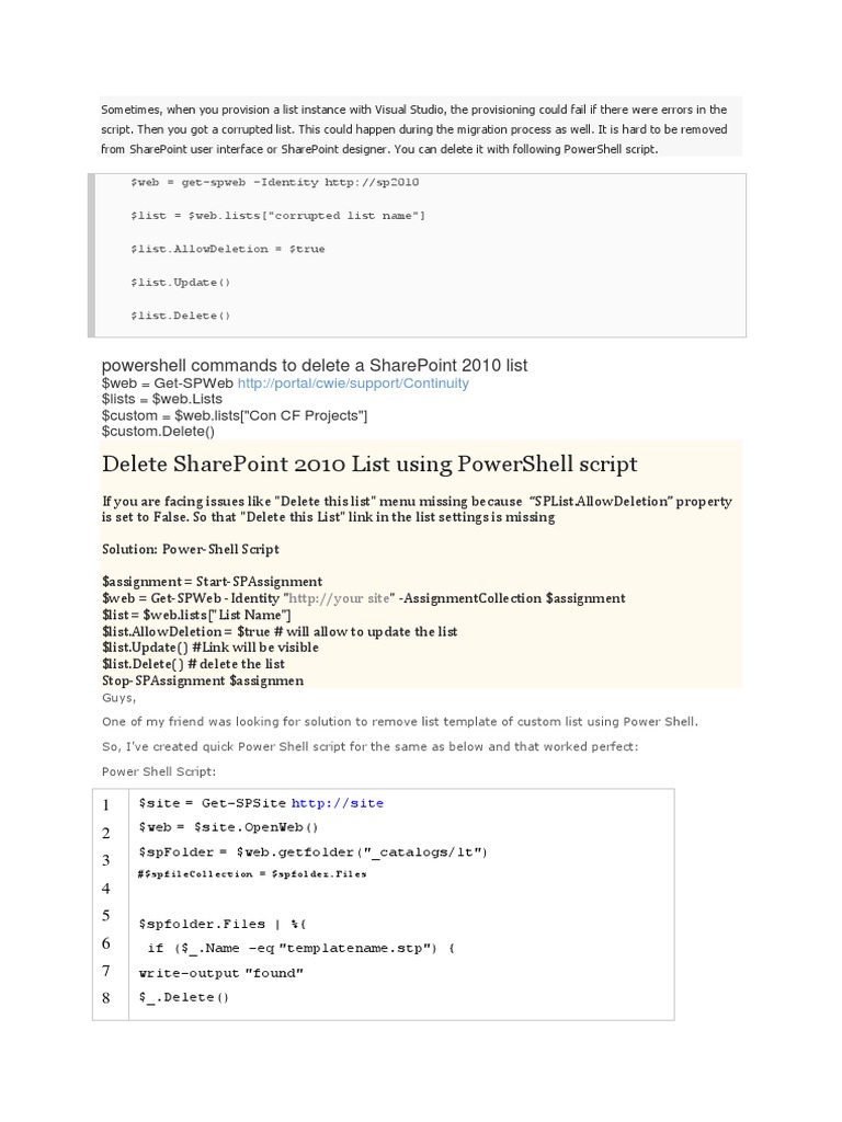 PowerShell for Deleting SharePoint Lists | PDF