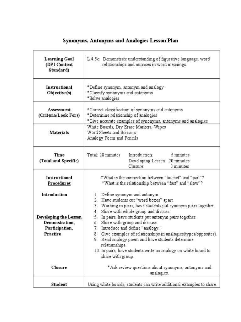 Language Arts Lesson Plan | PDF | Analogy | Lesson Plan