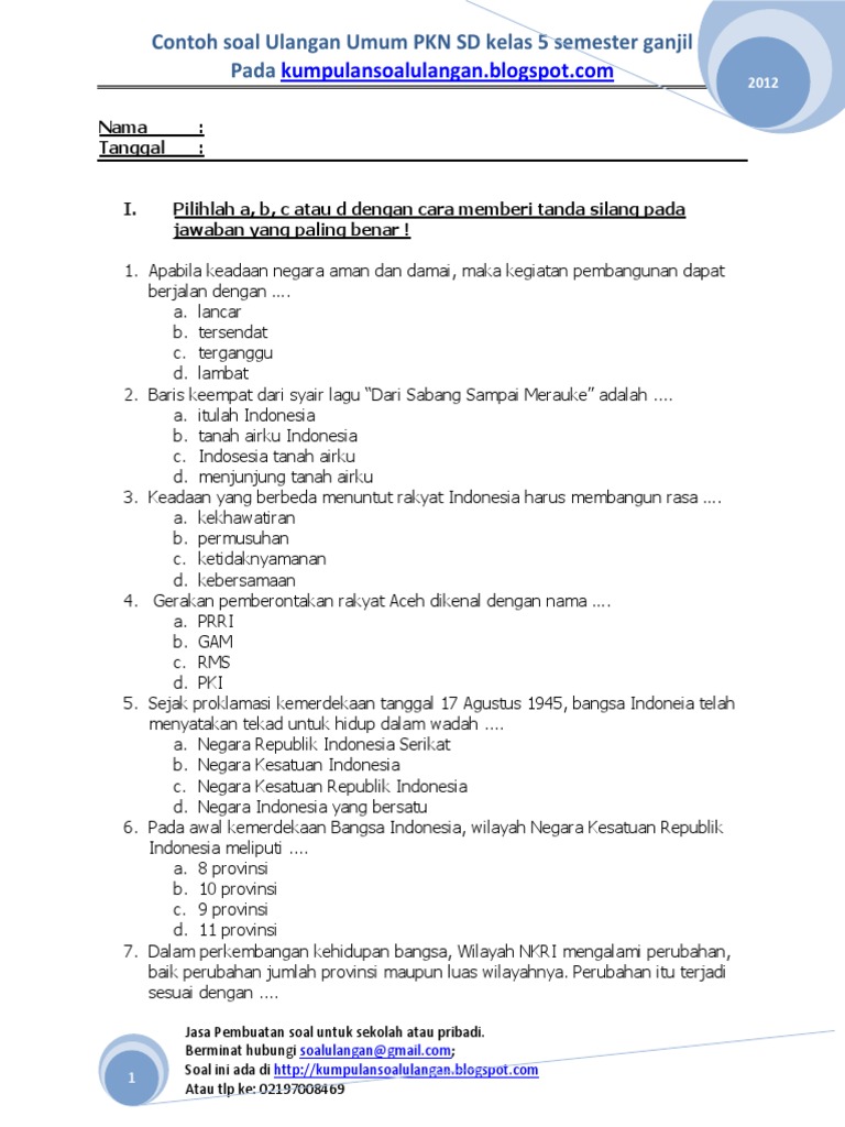 Soal Uas Ganjil Pkn Sd Kelas 5