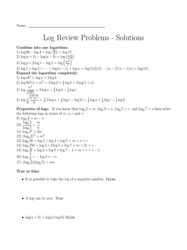 Logarithm Worksheets PDF Logarithm Mathematical Problem Solving