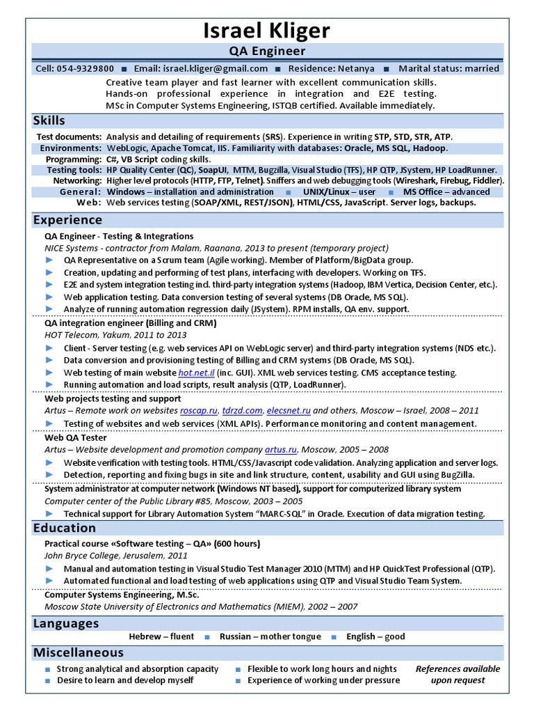 QA Engineer Resume - Israel Kliger | PDF | Software Testing | Web Service