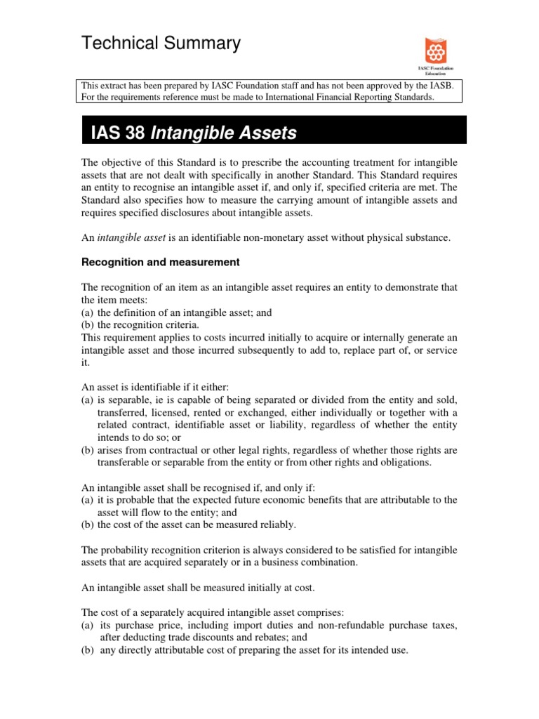 IAS 38 Intangible Assets: Technical Summary | PDF