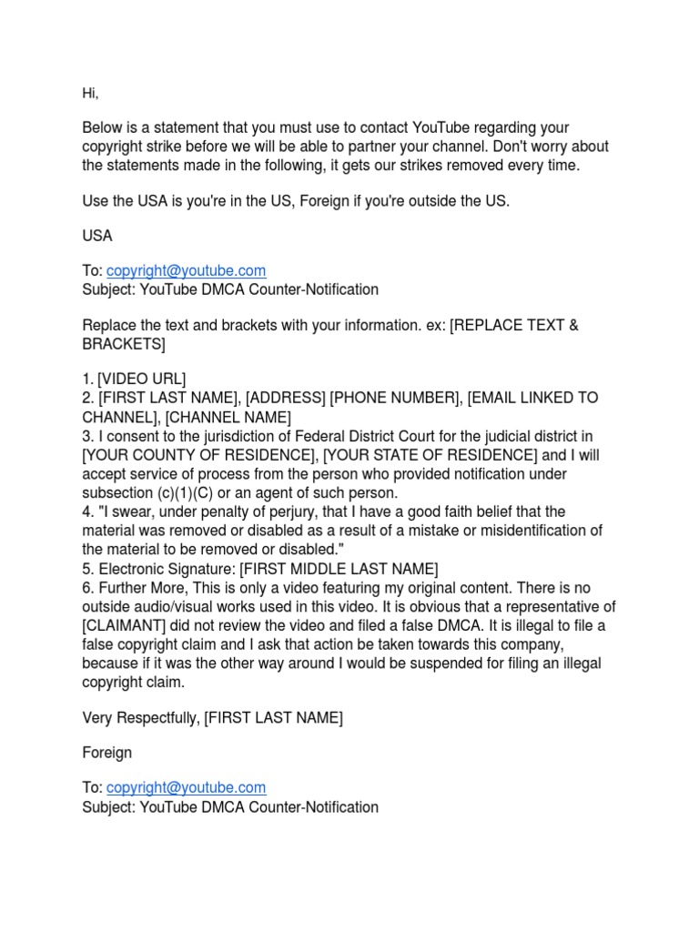 YouTube DMCA Counter-Notification Template | PDF | Online Copyright ...