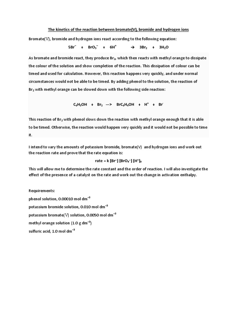 Rate of Reaction of Bromate(V), Bromide and Hydrogen Ions PDF Chemical Reactions Chemical