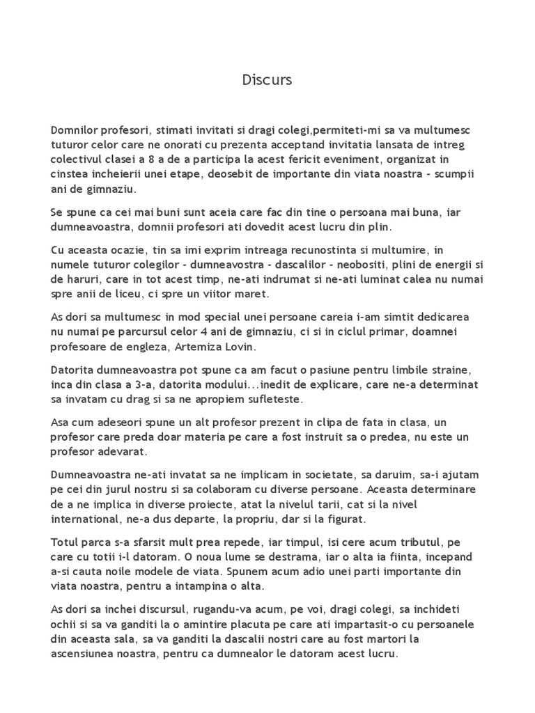Discurs de sfarsit de clasa a 8-a