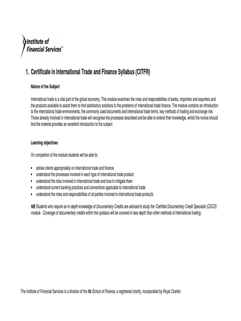CITF CITF Syllabus 2011 03 v0.2 | PDF | Letter Of Credit | Invoice
