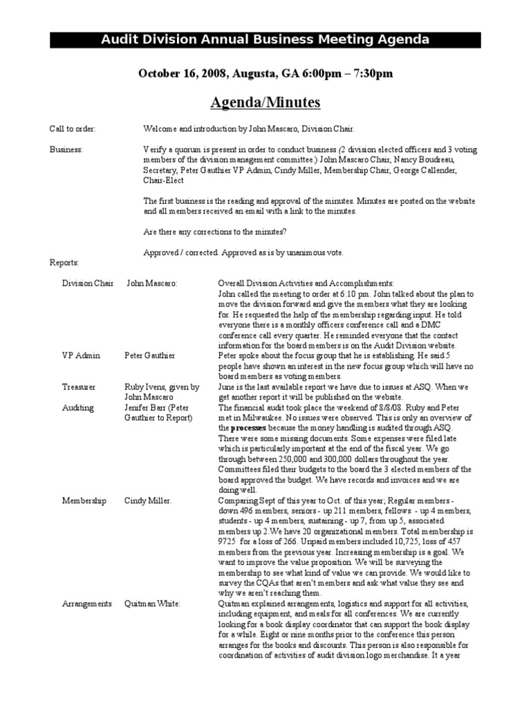 Annual Business Meeting October 2008 | PDF | Business