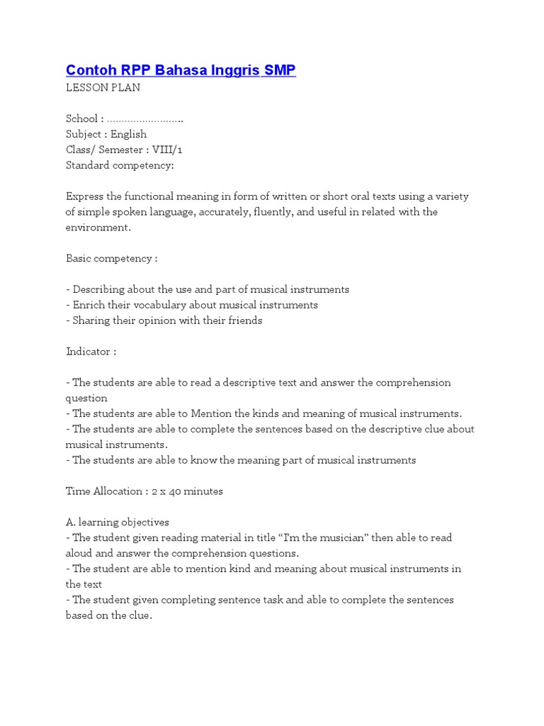 Contoh RPP Bahasa Inggris | PDF | Reading Comprehension | Cognition