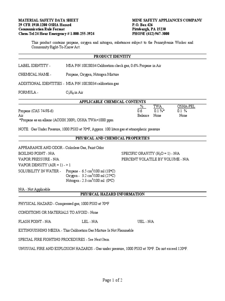 Material Safety Data Sheet for 0.6 Propane in Air Calibration Check Gas PDF Propane Oxygen