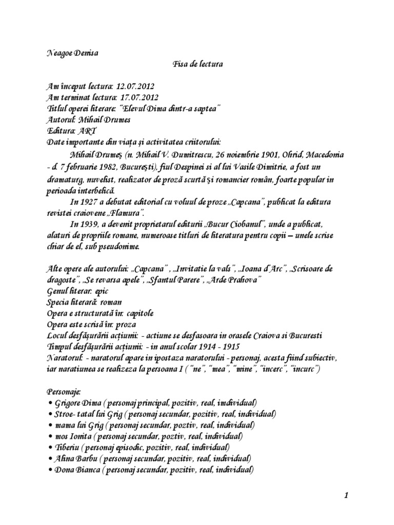 Fisa de Lectura- Elevul Dima Dintr-A Saptea