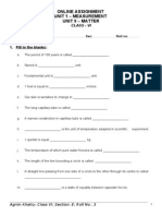 Online Assignment Unit 1 - Measurement Unit 9 - Matter: 1. Fill in The Blanks