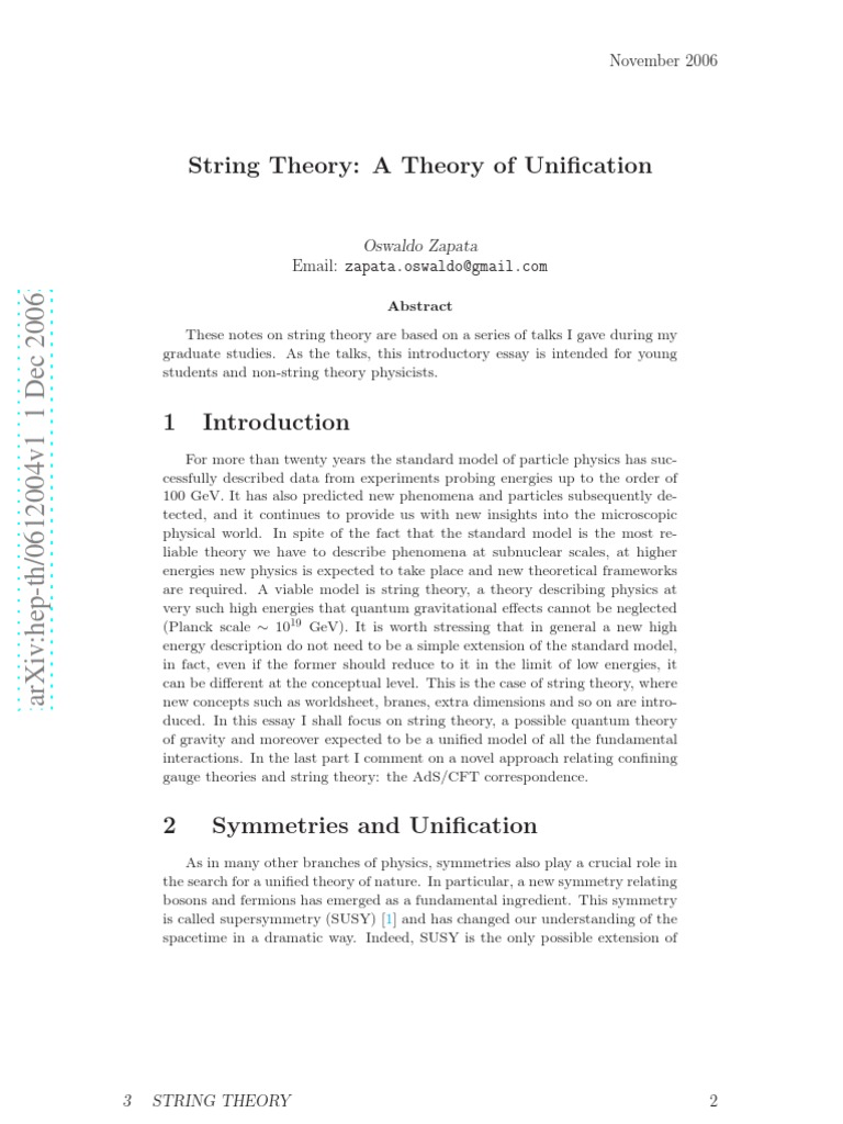 Oswaldo Zapata - String Theory, A Theory of Unification | PDF | String ...