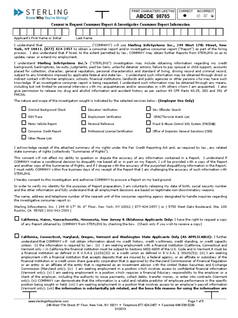 2013 Sterling Consent Form PDF Credit Bureau Credit Score pic