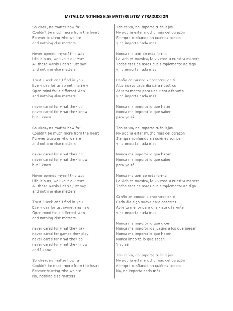 Metallica Nothing Else Matters Letra y Traduccion Amor Premio de