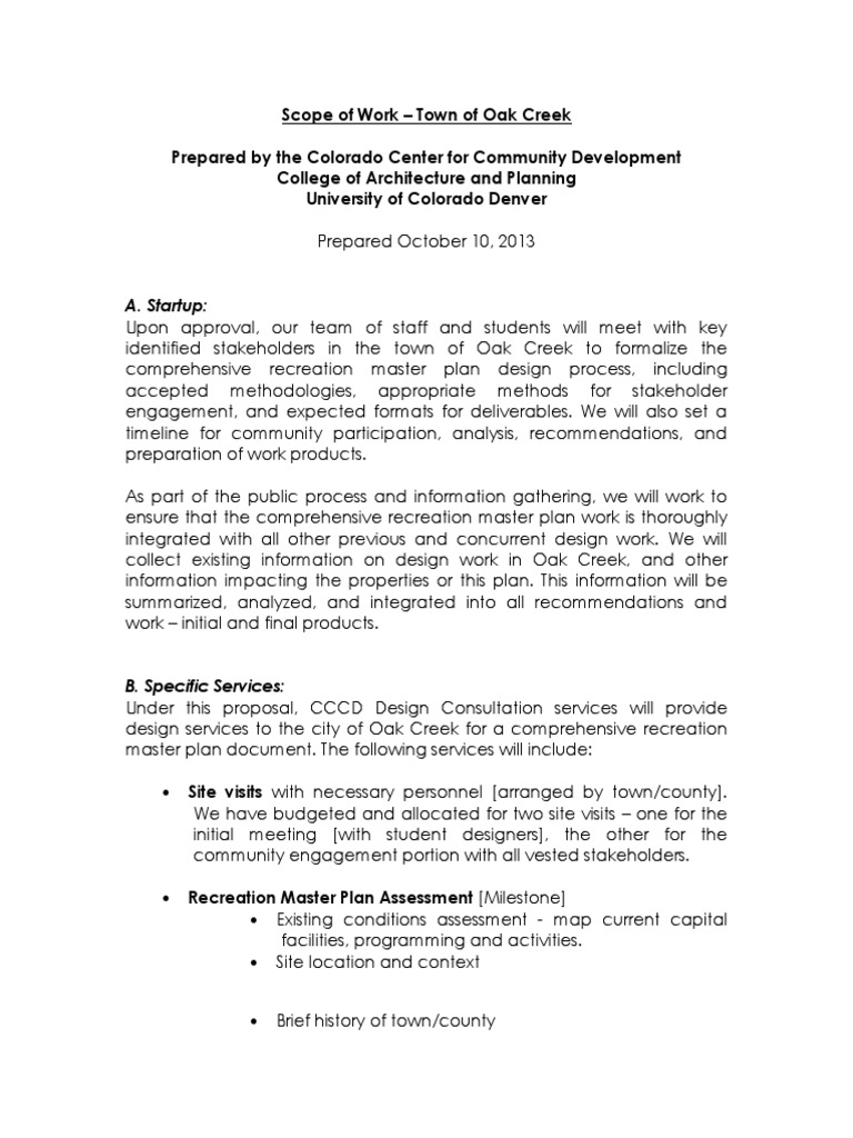 Scope of Work For Oak Creek Recreation Master Plan PDF Business