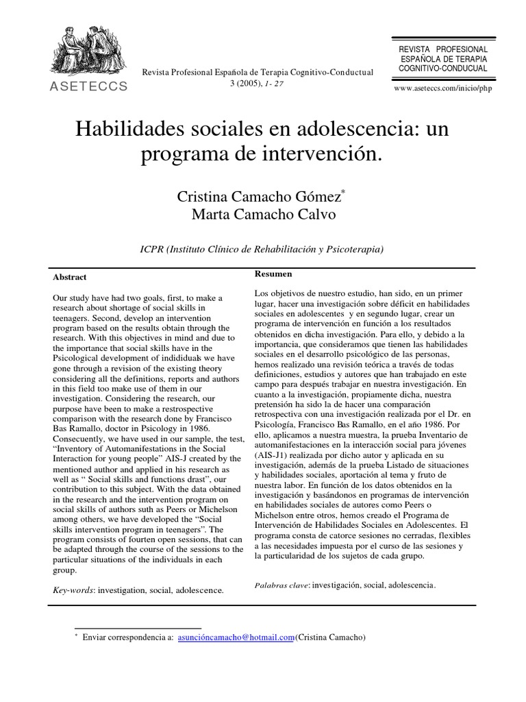 Programa de Habilidades Sociales en Adolescentes | PDF