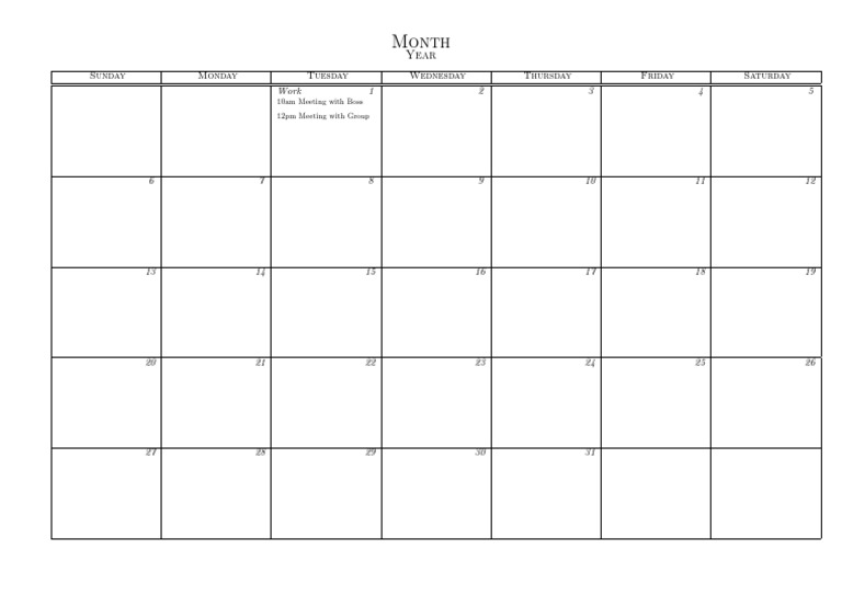 Month: Sunday Monday Tuesday Wednesday Thursday Friday Saturday Work 1 ...