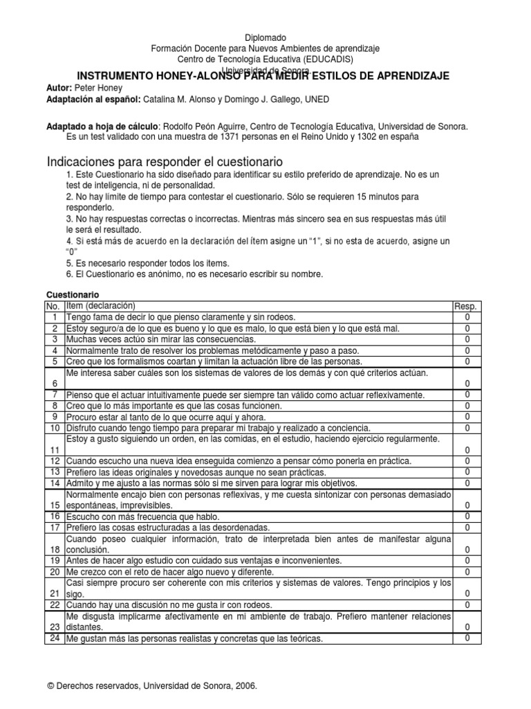 Test Honey - Alonso - Estilos de Aprendizaje | PDF