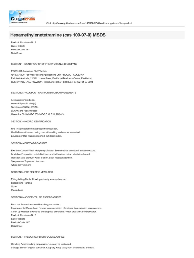 Hexamethylenetetramine (Cas 100-97-0) MSDS | Download Free PDF | Safety ...