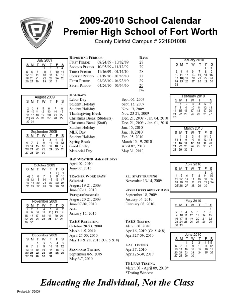 20092010 School Calendar Premier High School of Fort Worth Educating