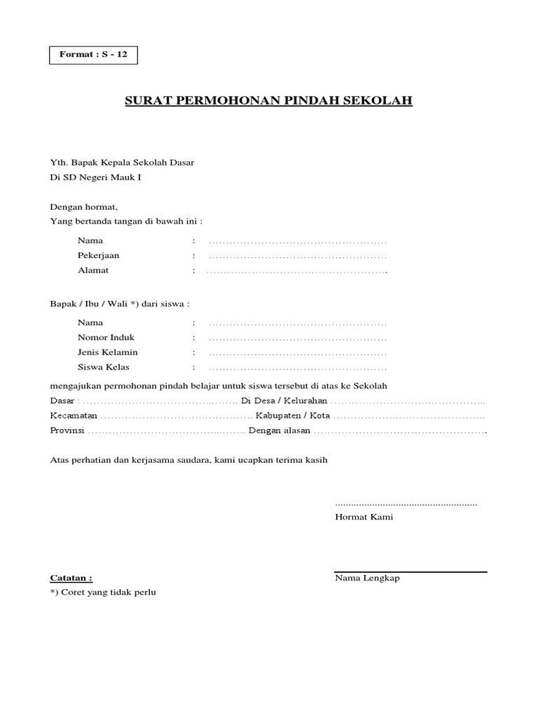 Surat Permohonan Pindah Sekolah Pdf Pdf