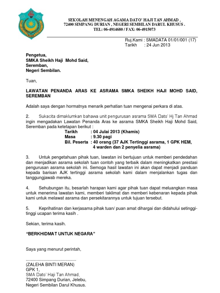 Contoh Surat Lawatan Penanda Aras Ke Sekolah