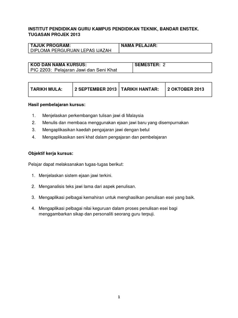 KERJA KURSUS PIC2203-PELAJARAN JAWI DAN KHAT.docx
